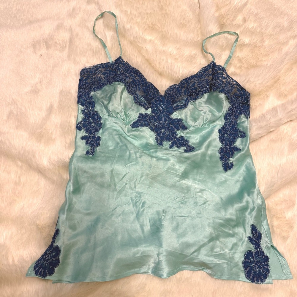 Lux Silk Camisole Women S Aqua Blue Lace Trim V-Neck Romantic Balletcore Y2K